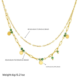 Double-layered gold stainless steel necklace with green beads and size chart dimensions