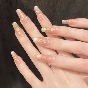 Pink tulip cat-eye press-on nails with glitter, pearls and floral art on long coffin shape
