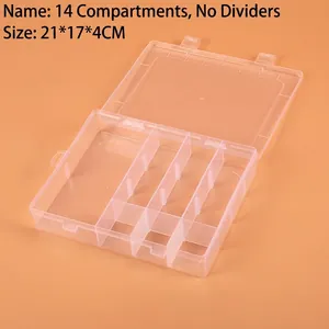 Detailed view of a 14-compartment clear plastic organizer box sized 21x17x4cm