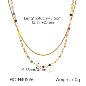 Detailed sizing of double-layer stainless steel necklace with colorful beads and gold chain