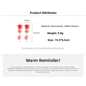 Detailed size specifications for red chiffon flower tassel earrings with dimensions 15.5x6.5cm