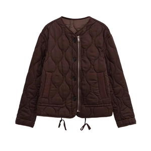 Women's casual dark brown quilted jacket with zipper closure and drawstring hem details