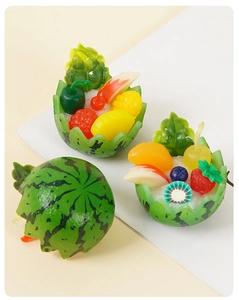 Detailed close-up of miniature watermelon fruit bowls with realistic berries and sliced fruit