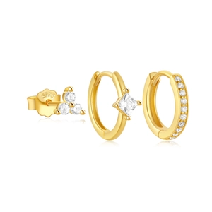 Detail of S925 sterling silver gold earring set with round and square cubic zirconia stones