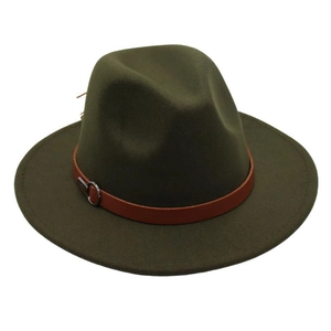 Detailed close-up of dark olive wool felt fedora with brown leather belt and metal buckle