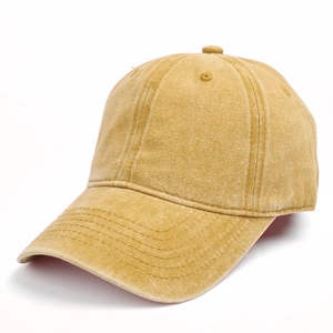 Side view of washed cotton vintage baseball cap in ginger yellow with retro texture