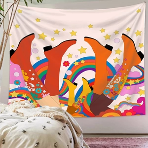 Detail of retro 70s style tapestry with colorful boots and rainbow patterns on the wall