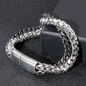 Men's double-layered titanium steel chain bracelet with silver finish and square clasp