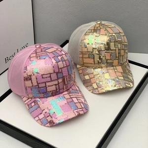 Detailed view of sequin baseball caps featuring breathable mesh back for summer sun protection