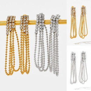 Stainless Steel Long Tassel Earrings Rhinestone Dangle Elegant Party Wedding Fashion Women