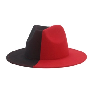 Detail of red and black tie-dye wool fedora with wide brim and luxury bead accents