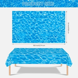 Blue ocean wave party tablecloth set showing product size 54x108 inch and usage display