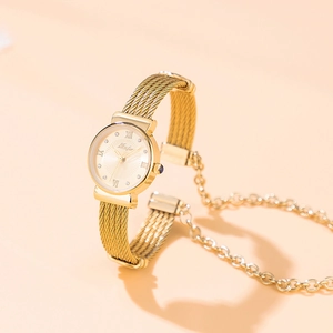 Elegant gold mesh strap watch for women featuring Roman numerals and crystal accents