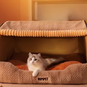 Warm enclosed pet bed with plush material and orange cushion for cats and dogs