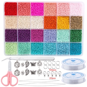 Detailed 24-color glass seed bead DIY kit with scissors, tweezers, and jewelry findings