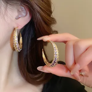 Large Crescent C Shape Hoop Earrings Purple Cubic Zirconia Copper Luxury Jewelry With Silver Earring Post For Women
