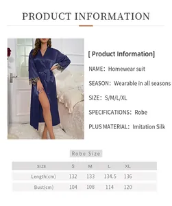 Guide des tailles pour robe de chambre longue en satin avec dentelle et mesures en cm