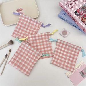 Pink Gingham Drawstring Storage Pouch Fabric Plaid Pattern Bag For Jewelry Makeup Travel Cosmetic Gifts Cute INS Style