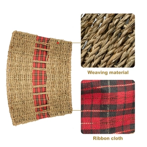 Foldable natural seagrass Christmas tree collar with red and black plaid ribbon decoration