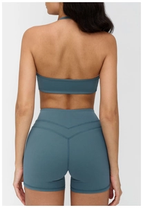 Vue arrière du soutien-gorge de yoga dos nu et short de sport taille haute en V bleu