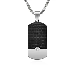 Men's square pendant necklace with black crocodile leather texture and zircon inlay