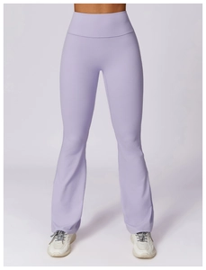 Detail of high waisted light purple flare yoga pants with slimming lifting effect