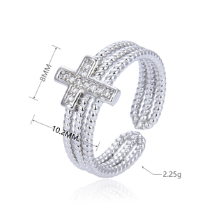 Detail view of silver triple-layer cross ring with dimensions 8mm height and 10.2mm width