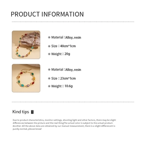 Detailed product specifications for ethnic resin necklace and bracelet with dimensions