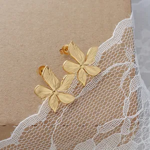 French vintage 18K gold plated stainless steel earrings with 3D embossed flower petals