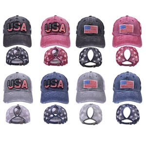 Washed USA flag baseball caps with ponytail mesh back and vintage distressed embroidery