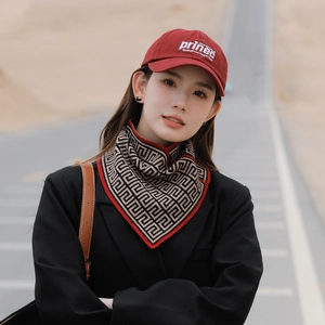 Outdoor winter scarf for women featuring red geometric Greek pattern and cotton baseball cap