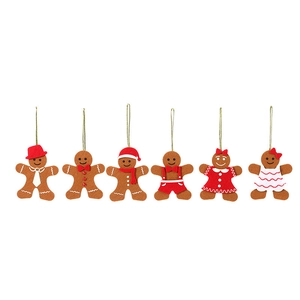 Set of 6 felt gingerbread man Christmas tree ornaments with colorful outfits and gold strings
