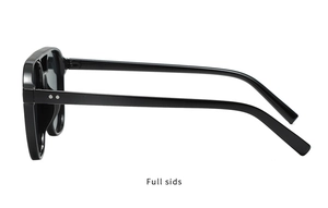 Side view of black pilot sunglasses featuring silver rivet details on the frame