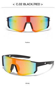 Dual view of matte black sports sunglasses with gradient red-orange reflective lenses