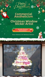 Detailed UV printed pink and white Christmas tree glass sticker for festive window decor