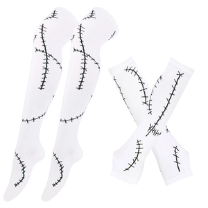 Sally cosplay set featuring white knitted arm warmers and socks with black stitch patterns