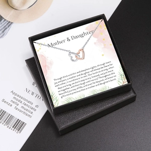 Interlocking silver and rose gold heart necklace with Mother and Daughter gift card