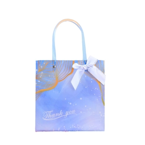 Sac cadeau bleu clair avec plumes dorées, ruban en soie et inscription Thank You