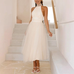 Women Halter Neck Midi Dress Mesh Tulle Backless Elegant Party Evening High Waist A-Line Solid Color