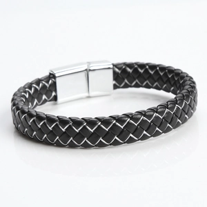 Handmade black braided leather bracelet with a polished silver magnetic alloy clasp