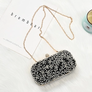 Elegant black evening clutch with pearl and rhinestone floral pattern and gold chain