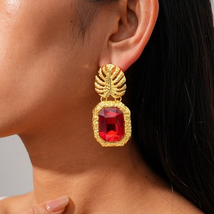 Vintage gold leaf statement earrings with large rectangular red gemstone for women