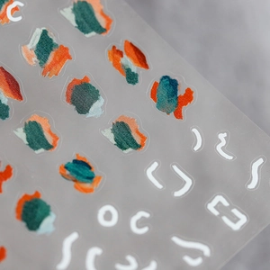 Minimalist 5D nail art stickers with abstract orange and teal shapes and matte finish