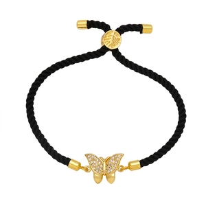 Bracciale regolabile in corda nera con ciondolo a farfalla dorata e cristalli chiari