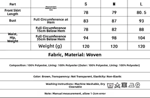 Tableau des tailles pour robe marron asymétrique avec détails du tissu 100% polyester