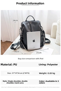 Size chart for black PU leather backpack with dimensions 31x14x34cm and iPad scale detail