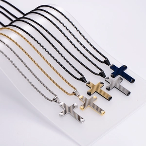 Stainless steel cross necklaces with textured grid pattern in five metallic color finishes