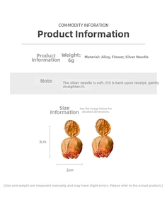 Detailed size specifications for rose-shaped earrings featuring alloy and silver needle