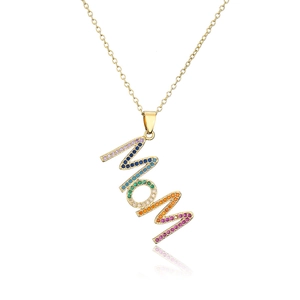 18K gold plated necklace featuring a Mom pendant with rainbow zircon stones on white background