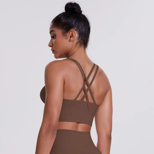 Mocha brown yoga set with multi-strap cross back sports bra and high-waisted leggings